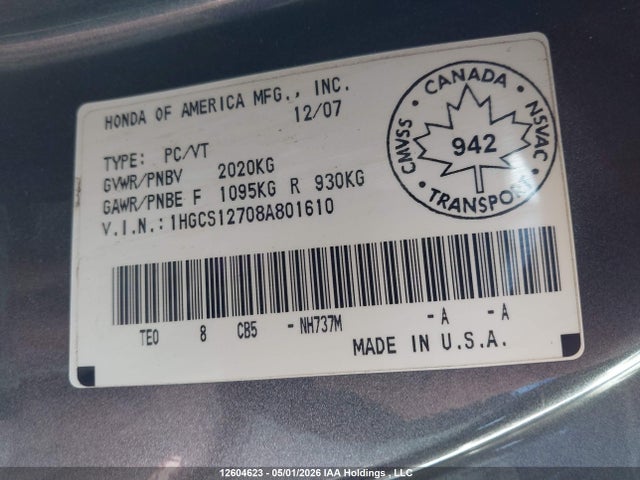 Продажа на аукционе авто 2008 Honda Accord Ex, vin: 1HGCS12708A801610, номер лота: 12604623