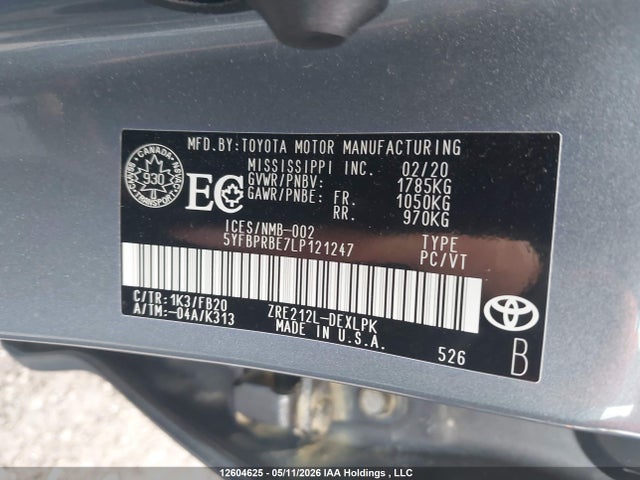 12604625 :رقم المزاد ، 5YFBPRBE7LP121247 vin ، 2020 Toyota Corolla Le مزاد بيع