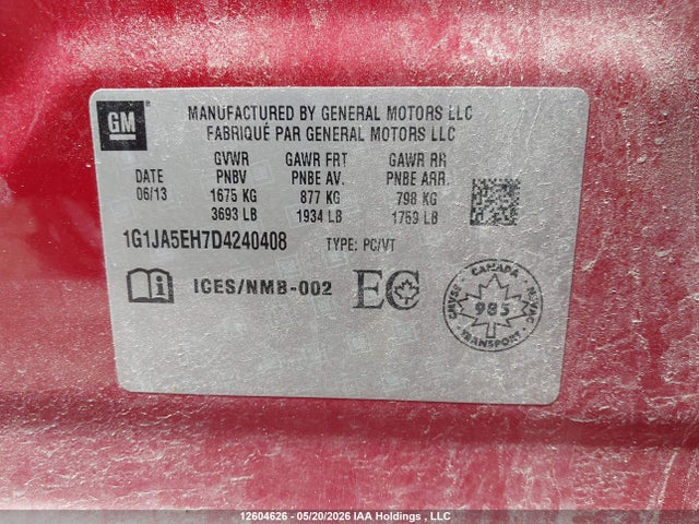 Продаж на аукціоні авто 2013 Chevrolet Sonic, vin: 1G1JA5EH7D4240408, номер лоту: 12604626