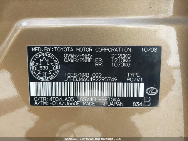 Продаж на аукціоні авто 2009 Lexus Es 350 350, vin: JTHBJ46G492295749, номер лоту: 12604630