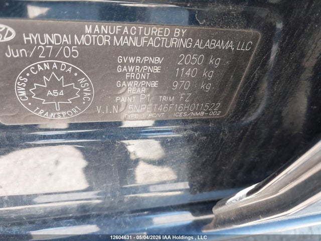 Aukcja sprzedaży 2006 Hyundai Sonata Gl, vin: 5NPET46F16H011522, numer aukcji: 12604631