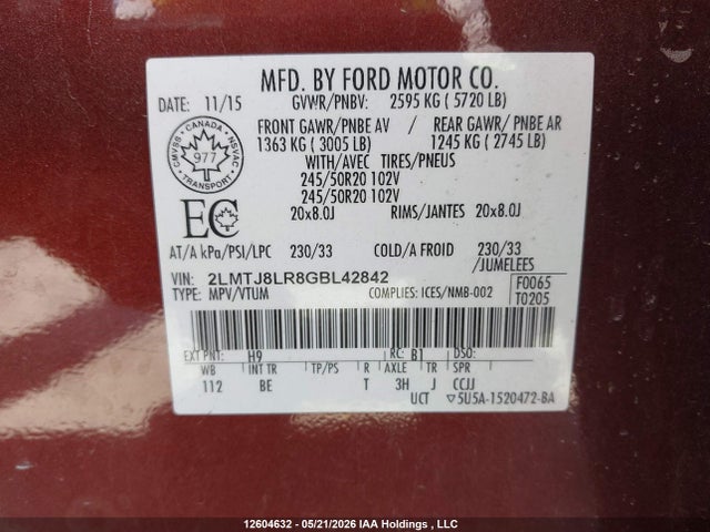 Lincoln Mkx Reserve 2016 2LMTJ8LR8GBL42842 Image 9