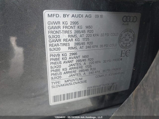 Aukcja sprzedaży 2017 Audi Q7 Technik S-line, vin: WA1WAAF7XHD028887, numer aukcji: 12604633