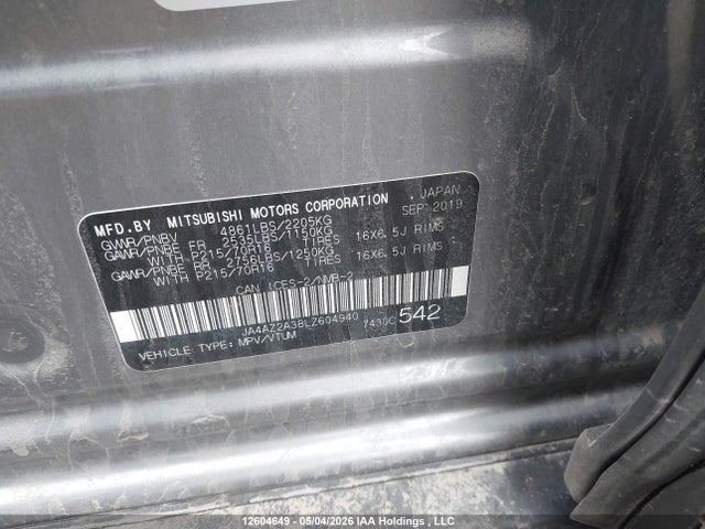 Aukcja sprzedaży 2020 Mitsubishi Outlander Es/ex/ex-l, vin: JA4AZ2A38LZ604940, numer aukcji: 12604649