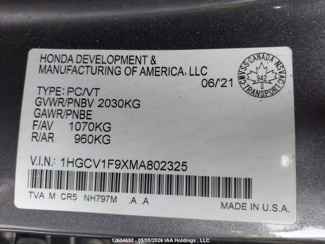1HGCV1F9XMA802325 Honda Accord Touring
