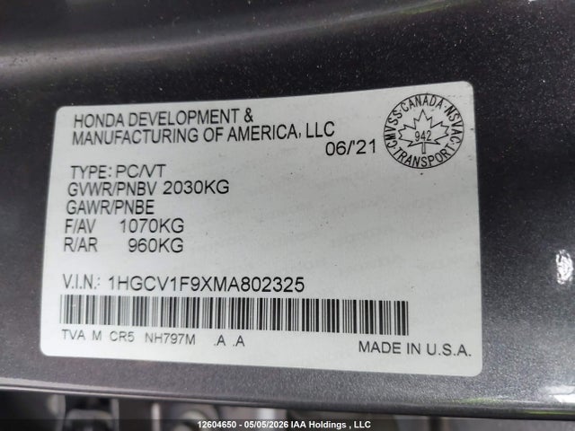 1HGCV1F9XMA802325 Honda Accord Touring