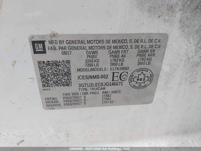 Aukcja sprzedaży 2018 Gmc Sierra K1500, vin: 3GTU2LEC0JG146671, numer aukcji: 12604659