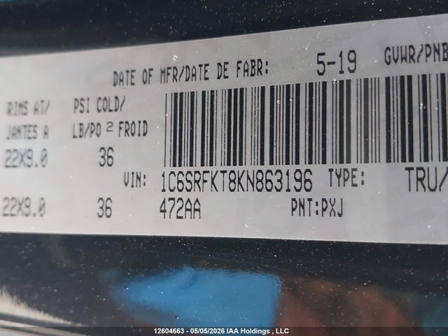 Aukcja sprzedaży 2019 Ram 1500 Laramie Longhorn, vin: 1C6SRFKT8KN863196, numer aukcji: 12604663