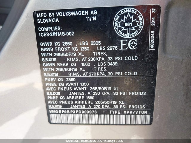 2015 Volkswagen Touareg 3.0 Tdi Comfortline/3.0 Tdi Execline/3.0 Tdi Highline/3.0 Tdi Sportline მანქანა იყიდება აუქციონზე, vin: WVGEP9BP3FD003973, აუქციონის ნომერი: 12604665