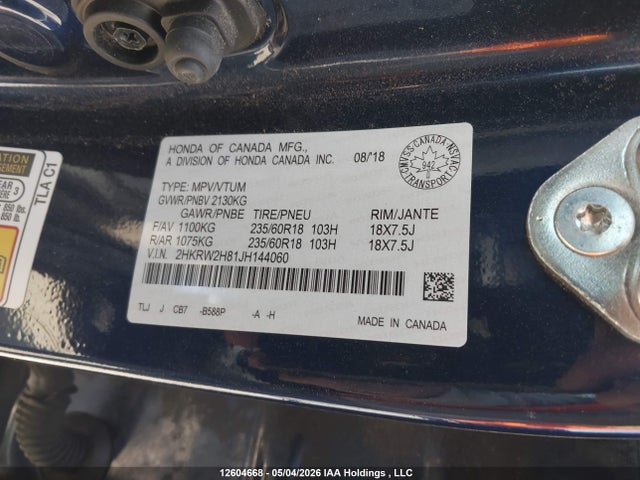 Продаж на аукціоні авто 2018 Honda Cr-v Exl, vin: 2HKRW2H81JH144060, номер лоту: 12604668