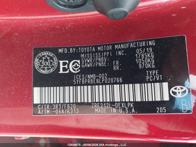 12604675 :رقم المزاد ، 5YFBPRBE8LP020766 vin ، 2020 Toyota Corolla Le مزاد بيع