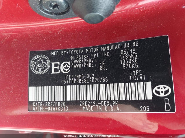 12604675 :رقم المزاد ، 5YFBPRBE8LP020766 vin ، 2020 Toyota Corolla Le مزاد بيع