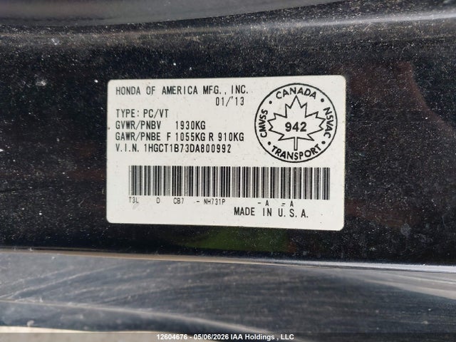 Продажа на аукционе авто 2013 Honda Accord Ex, vin: 1HGCT1B73DA800992, номер лота: 12604676