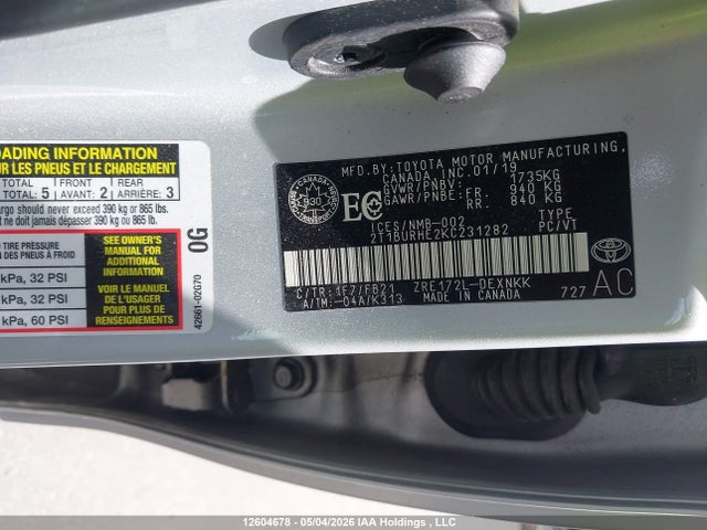 12604678 :رقم المزاد ، 2T1BURHE2KC231282 vin ، 2019 Toyota Corolla Le مزاد بيع