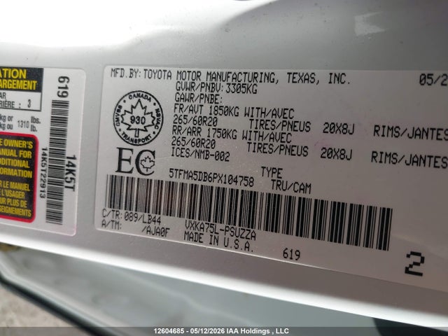 Auction sale of the 2023 Toyota Tundra Crewmax Platinum/crewmax 1794, vin: 5TFMA5DB6PX104758, lot number: 12604685