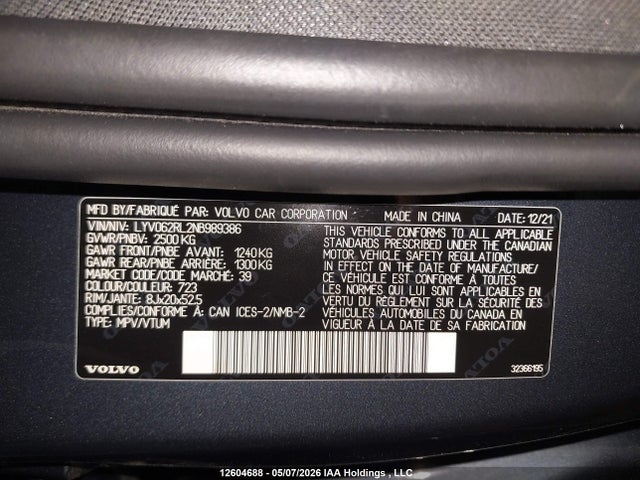 Aukcja sprzedaży 2022 Volvo Xc60 B6 Inscription, vin: LYV062RL2NB989386, numer aukcji: 12604688