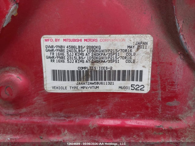 Aukcja sprzedaży 2011 Mitsubishi Outlander Es, vin: JA4AT2AW5BU611321, numer aukcji: 12604689