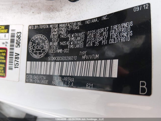 Продажа на аукционе авто 2013 Toyota Sienna Le, vin: 5TDKK3DC6DS296010, номер лота: 12604699