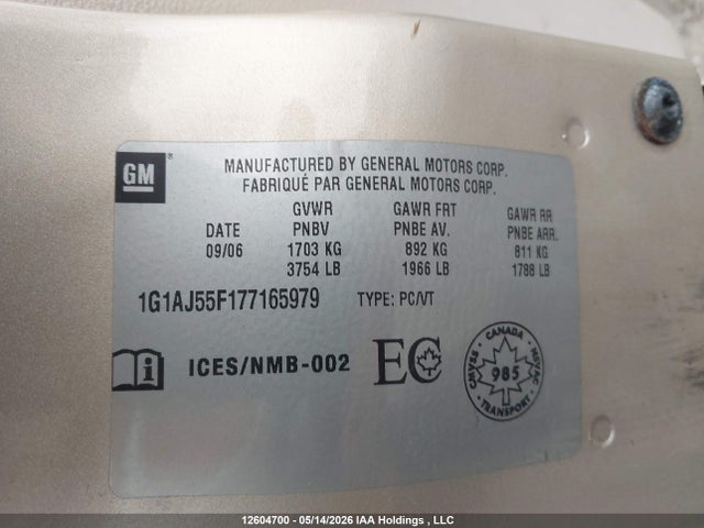 Продаж на аукціоні авто 2007 Chevrolet Cobalt Ls, vin: 1G1AJ55F177165979, номер лоту: 12604700