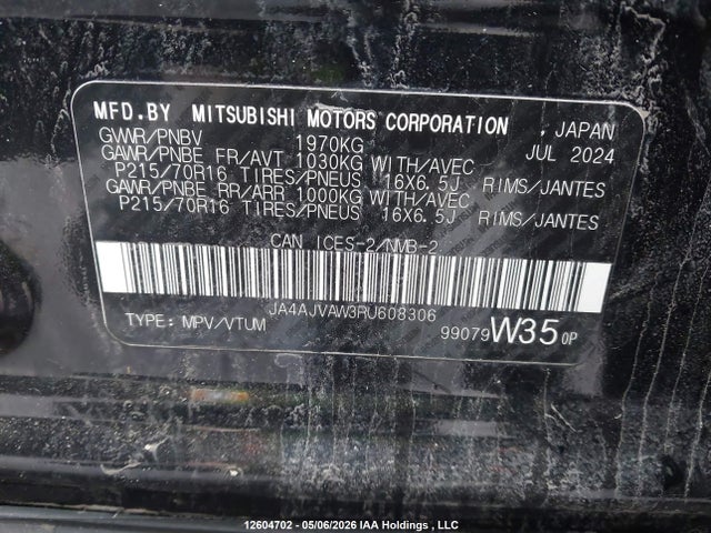 2024 Mitsubishi Rvr Se/sel/noir/gt მანქანა იყიდება აუქციონზე, vin: JA4AJVAW3RU608306, აუქციონის ნომერი: 12604702