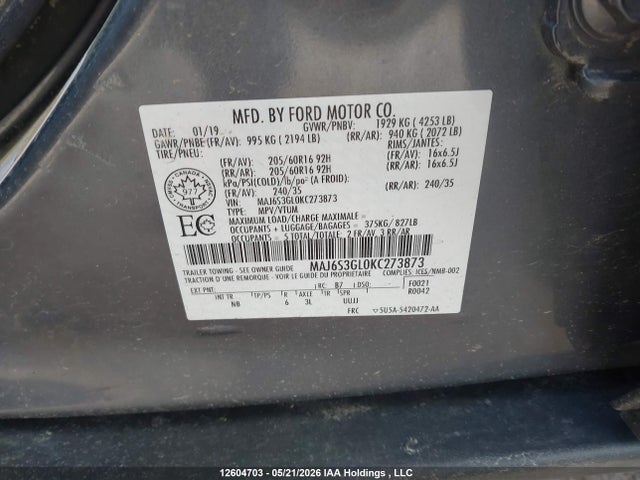 Продаж на аукціоні авто 2019 Ford Ecosport Se, vin: MAJ6S3GL0KC273873, номер лоту: 12604703