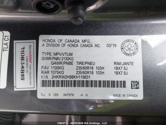Продаж на аукціоні авто 2019 Honda Cr-v Touring, vin: 2HKRW2H98KH119831, номер лоту: 12604712