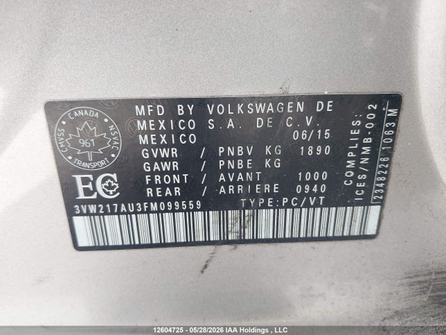 Volkswagen Golf 2015 3VW217AU3FM099559 Image 9