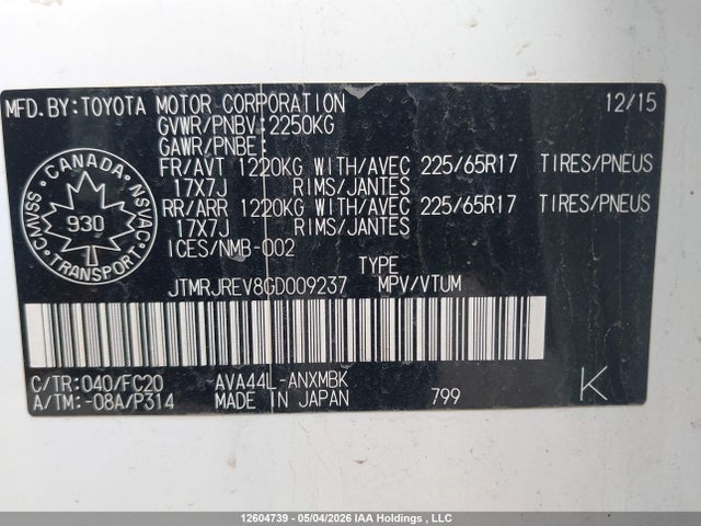 12604739 :رقم المزاد ، JTMRJREV8GD009237 vin ، 2016 Toyota Rav4 مزاد بيع