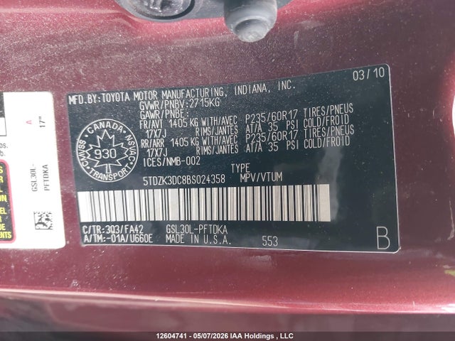 2011 Toyota Sienna V6 7 Passenger მანქანა იყიდება აუქციონზე, vin: 5TDZK3DC8BS024358, აუქციონის ნომერი: 12604741
