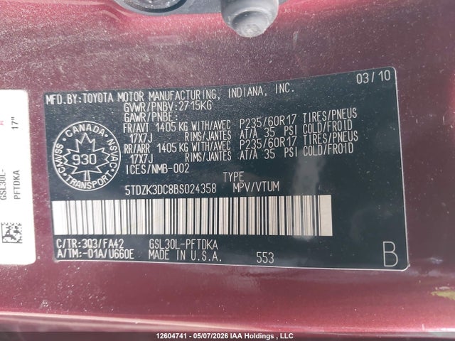 2011 Toyota Sienna V6 7 Passenger მანქანა იყიდება აუქციონზე, vin: 5TDZK3DC8BS024358, აუქციონის ნომერი: 12604741