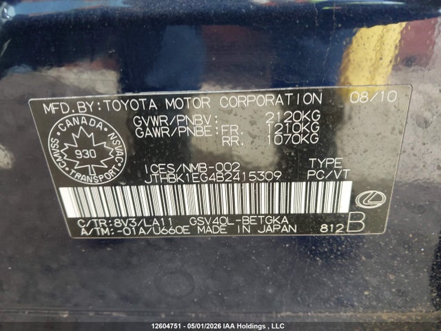 Продаж на аукціоні авто 2011 Lexus Es 350 350, vin: JTHBK1EG4B2415309, номер лоту: 12604751