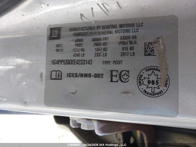 12598607 :رقم المزاد ، 1G4PP5SKXE4233143 vin ، 2014 Buick Verano مزاد بيع