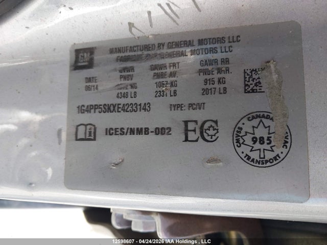 12598607 :رقم المزاد ، 1G4PP5SKXE4233143 vin ، 2014 Buick Verano مزاد بيع