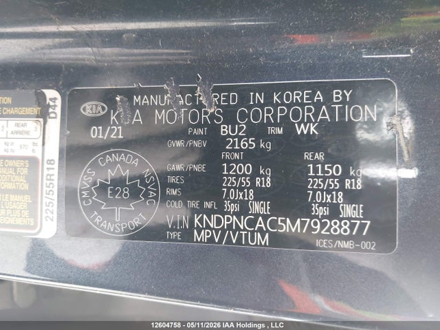 12604758 :رقم المزاد ، KNDPNCAC5M7928877 vin ، 2021 Kia Sportage Ex Premium S/ex S مزاد بيع