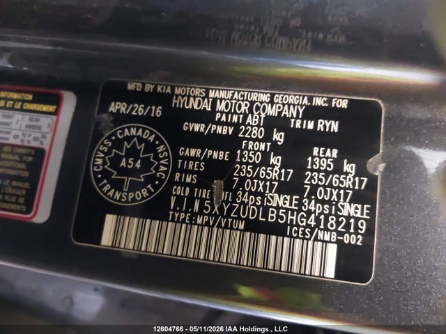 Aukcja sprzedaży 2017 Hyundai Santa Fe Sport, vin: 5XYZUDLB5HG418219, numer aukcji: 12604766