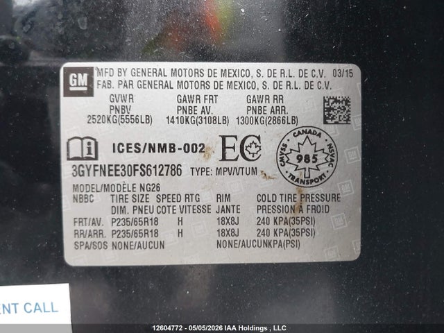 Продажа на аукционе авто 2015 Cadillac Srx Luxury Collection, vin: 3GYFNEE30FS612786, номер лота: 12604772