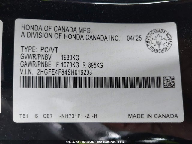2HGFE4F84SH016203 Honda Civic Sport Hybrid/sport Touring Hybrid