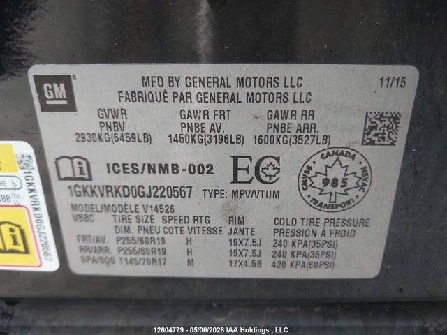Продаж на аукціоні авто 2016 Gmc Acadia, vin: 1GKKVRKD0GJ220567, номер лоту: 12604779