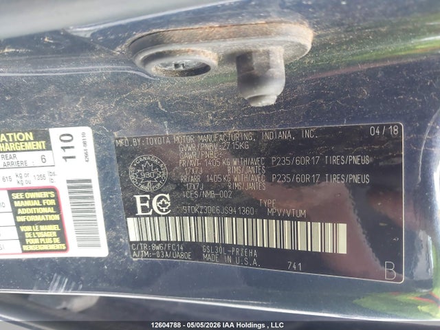 5TDKZ3DC6JS941360 Toyota Sienna Le 8-passenger