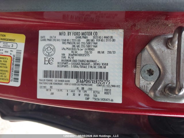 Продажа на аукционе авто 2014 Ford Fusion Se, vin: 3FA6P0H7XER325775, номер лота: 12604801