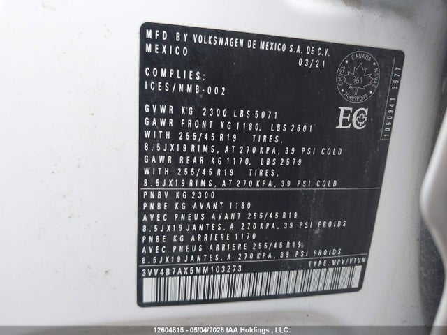 3VV4B7AX5MM103273 Volkswagen Tiguan Highline