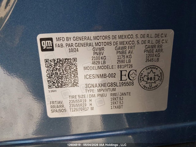 2025 Chevrolet Equinox Lt მანქანა იყიდება აუქციონზე, vin: 3GNAXHEG8SL195508, აუქციონის ნომერი: 12604819