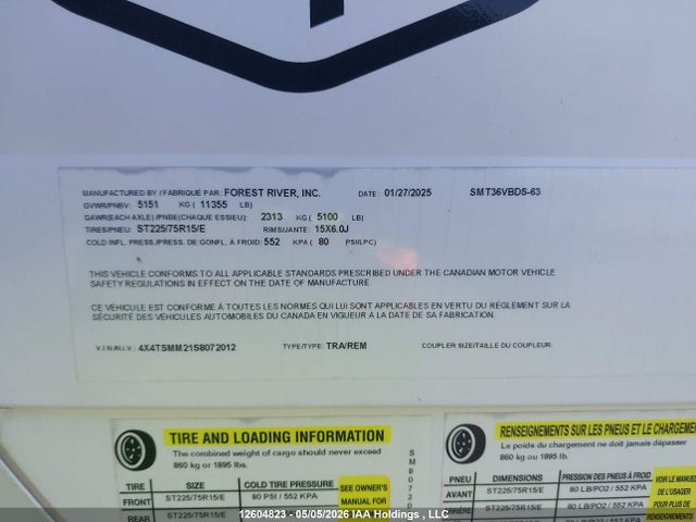 Продаж на аукціоні авто 2025 Forest River Salem 36bhbs, vin: 4X4TSMM21S8072012, номер лоту: 12604823
