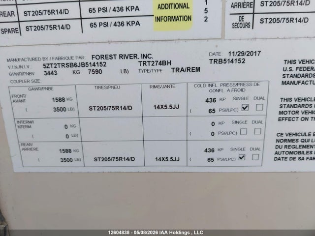 Продаж на аукціоні авто 2018 Forest River Tracer, vin: 5ZT2TRSB6JB514152, номер лоту: 12604838