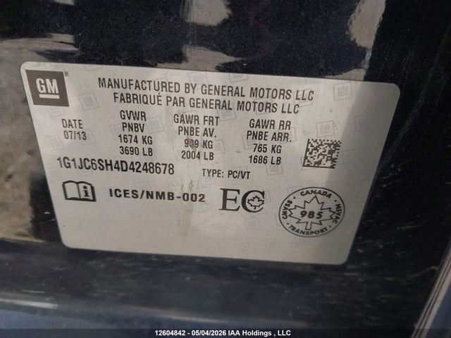 2013 Chevrolet Sonic Lt Auto მანქანა იყიდება აუქციონზე, vin: 1G1JC6SH4D4248678, აუქციონის ნომერი: 12604842