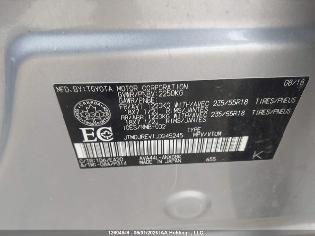12604849 :رقم المزاد ، JTMDJREV1JD245245 vin ، 2018 Toyota Rav4 Hv Limited مزاد بيع