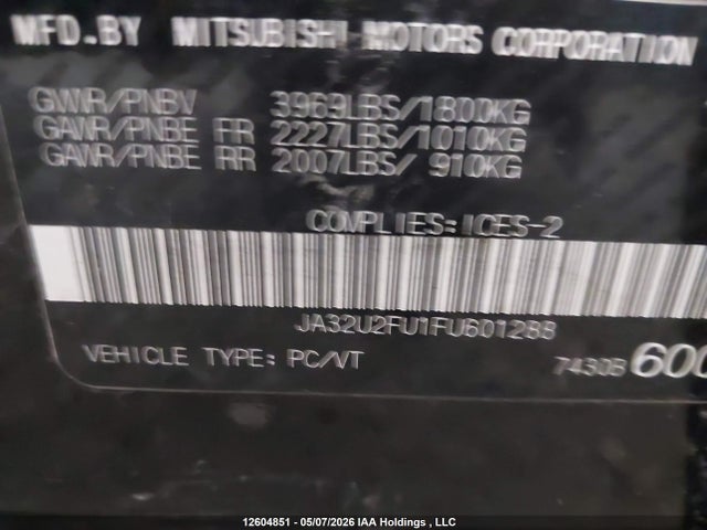 Aukcja sprzedaży 2015 Mitsubishi Lancer Gt/se, vin: JA32U2FU1FU601288, numer aukcji: 12604851