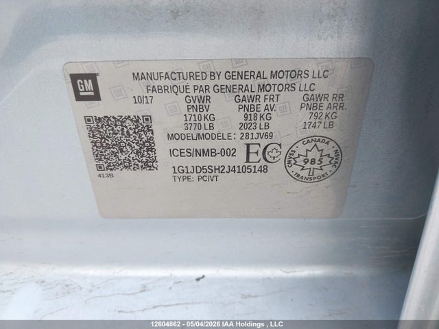 1G1JD5SH2J4105148 Chevrolet Sonic Lt Auto