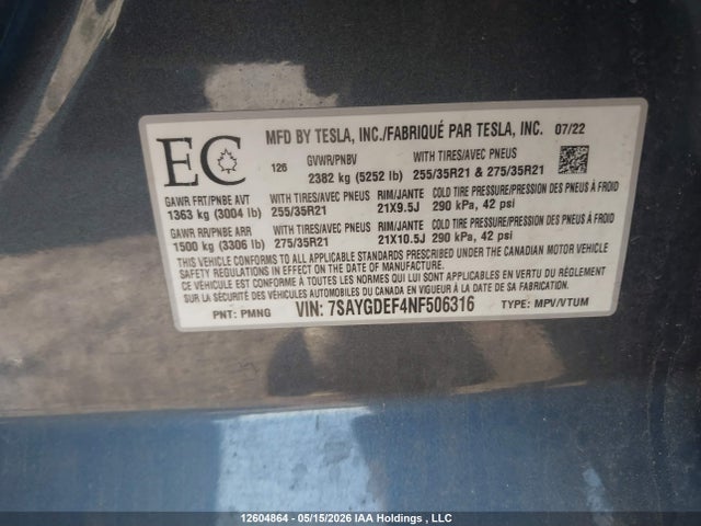 12604864 :رقم المزاد ، 7SAYGDEF4NF506316 vin ، 2022 Tesla Model Y Performance مزاد بيع