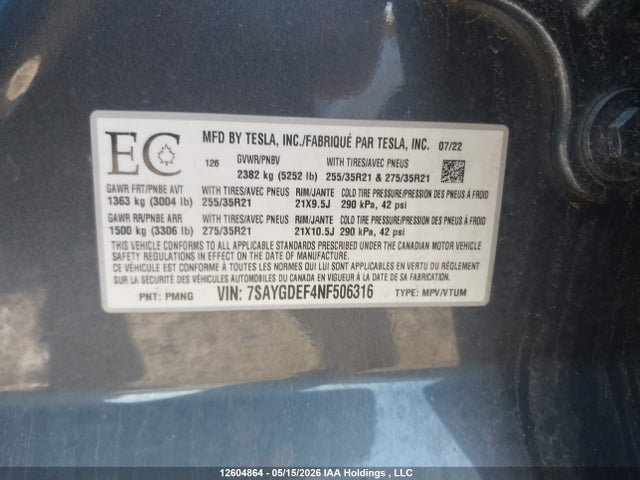 12604864 :رقم المزاد ، 7SAYGDEF4NF506316 vin ، 2022 Tesla Model Y Performance مزاد بيع
